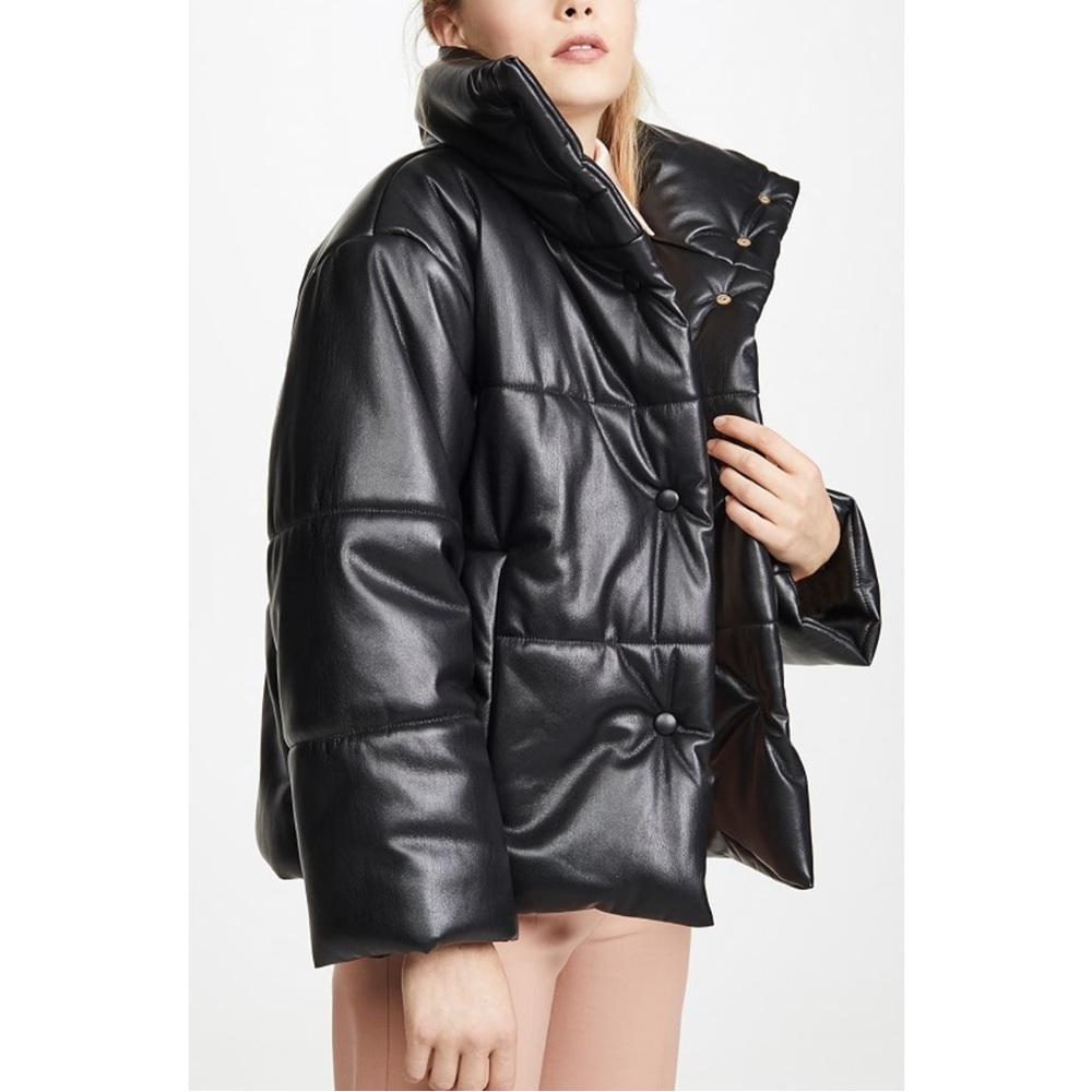 Nanushka Hide Vegan Leather Puffer Jacket Size S Women Long Sleeve Pockets Black